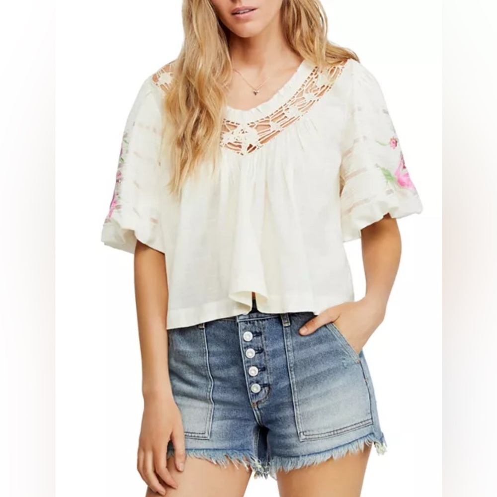 Free People Cream Blouse with Pink Floral Accents